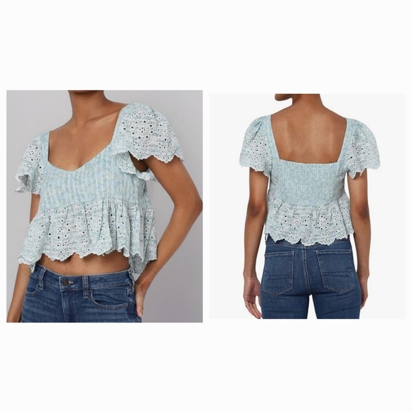American Eagle Floral Eyelet Sweetheart Babydoll Flutter Sleeve Crop Top Sz L - Picture 1 of 9